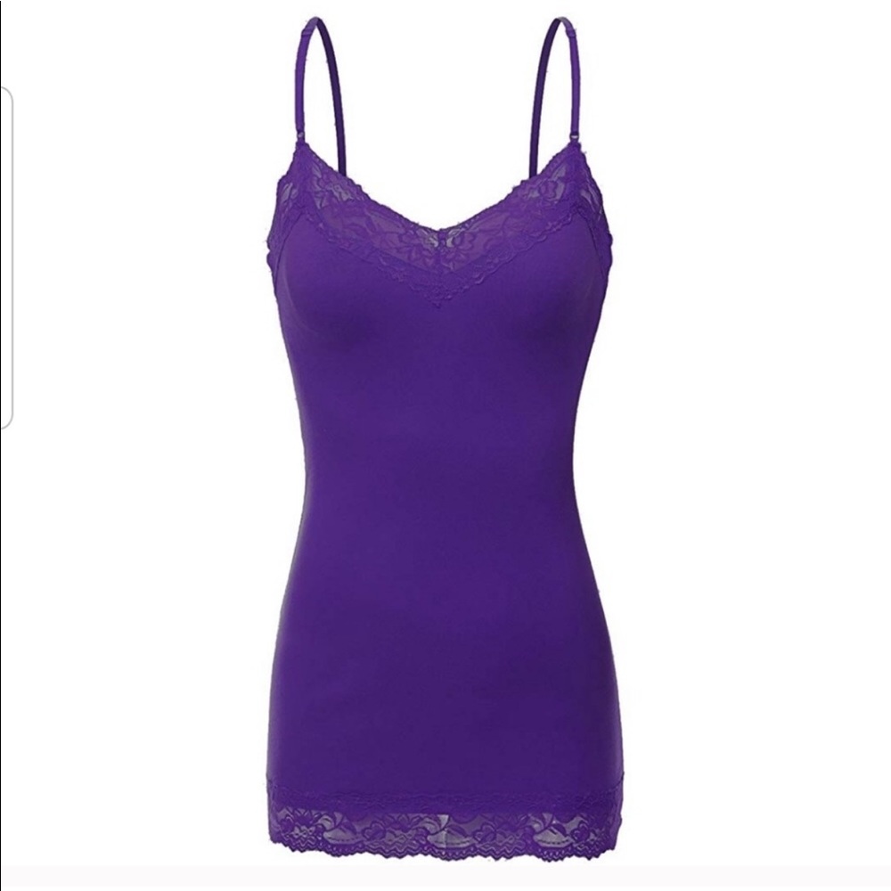 Plus Size Long Purple Lace Trim Adj Cami Tank Top
